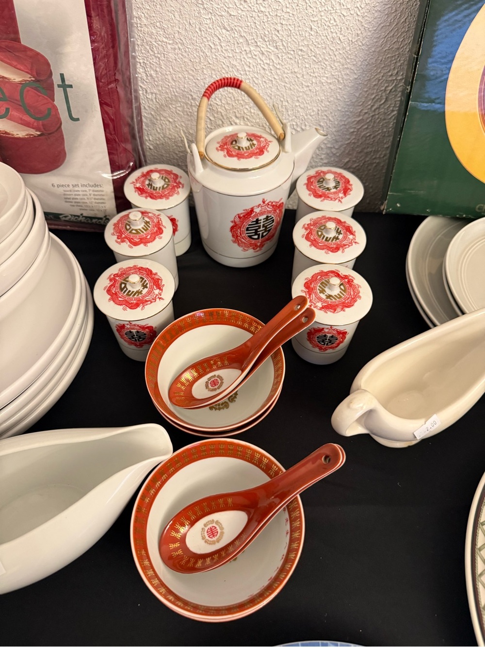 Oriental Red and White Porcelain Tea Set with Spoons